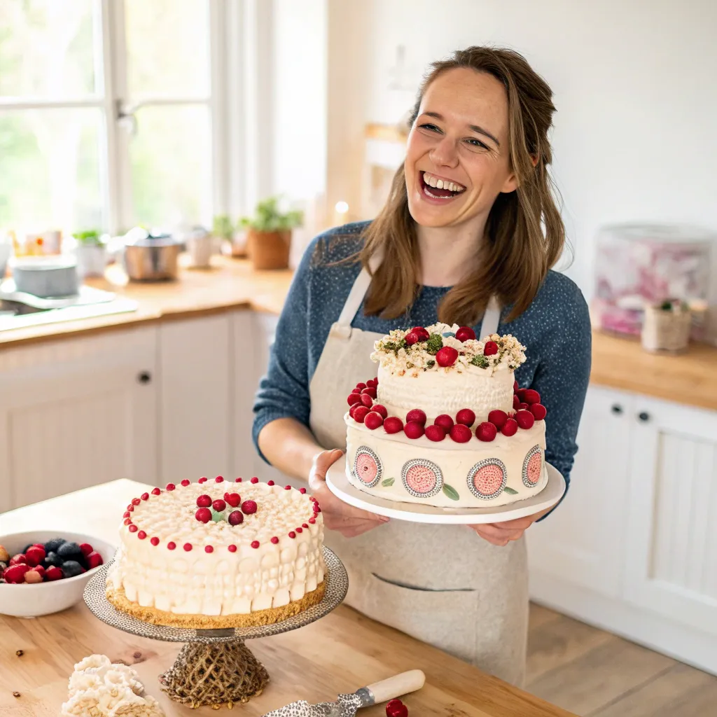 Emily presenting her finished cake with joy